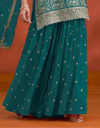 Pakistani Designer Salwar Kameez - Teal Georgette Palazzo Suit Dupatta - 