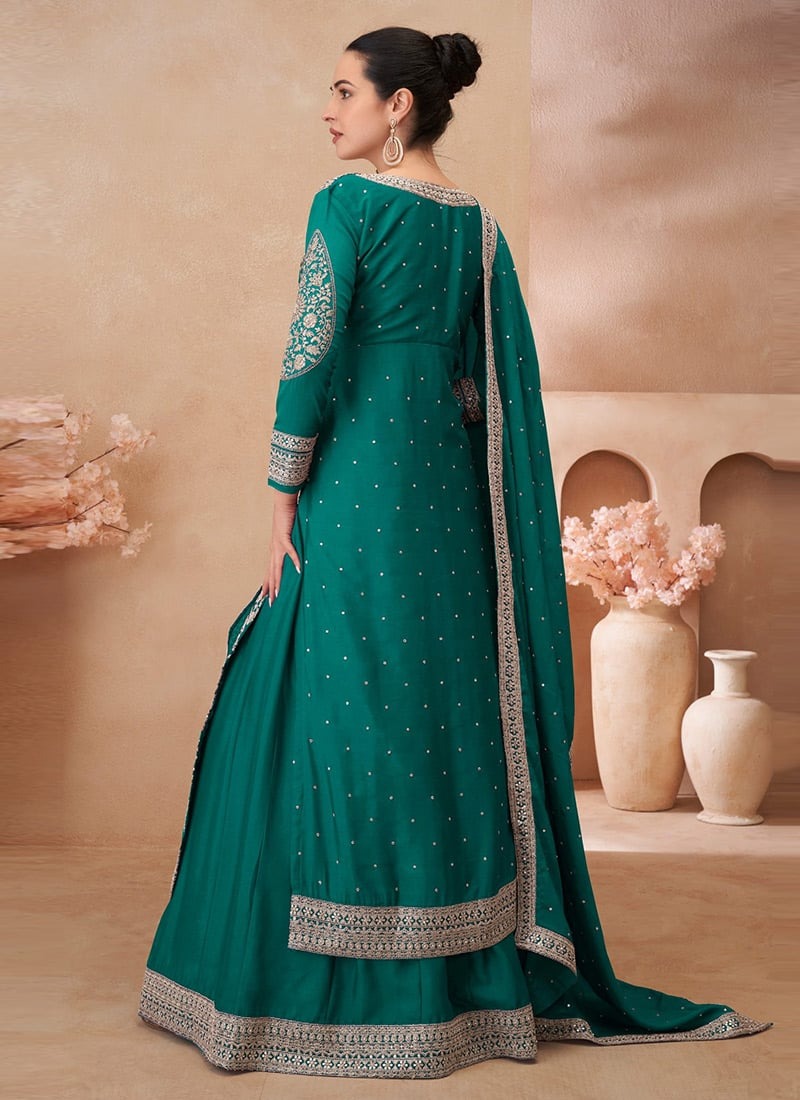 Women's Wedding Green Stitched Chinon Silk Shrug Lehenga with Dupatta Suit