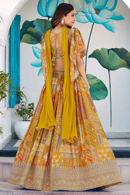 Dori and zari embroidery detail on mustard lehenga
