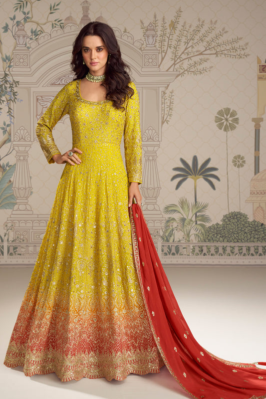 Royal Yellow Anarkali Gown Heavy Embroidered Suit Dupatta For Wedding