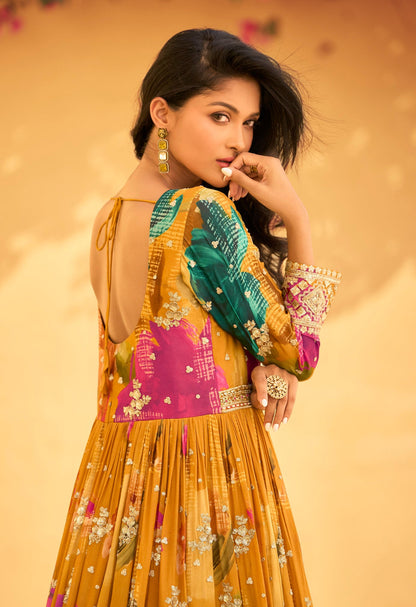 Yellow Anarkali Suit with Premium Chinon Silk Dupatta Dresses Long Gown