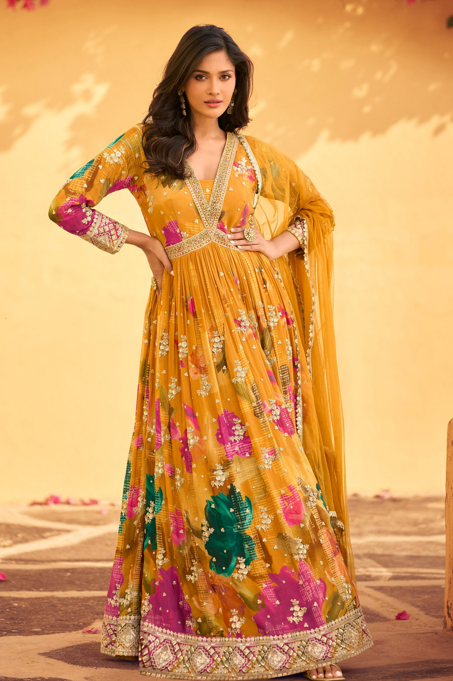 Yellow Anarkali Suit with Premium Chinon Silk Dupatta Dresses Long Gown