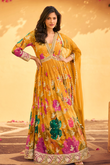 Yellow Anarkali Suit with Premium Chinon Silk Dupatta Dresses Long Gown