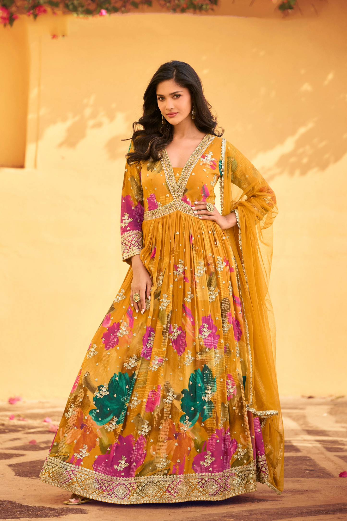 Yellow Anarkali Suit with Premium Chinon Silk Dupatta Dresses Long Gown