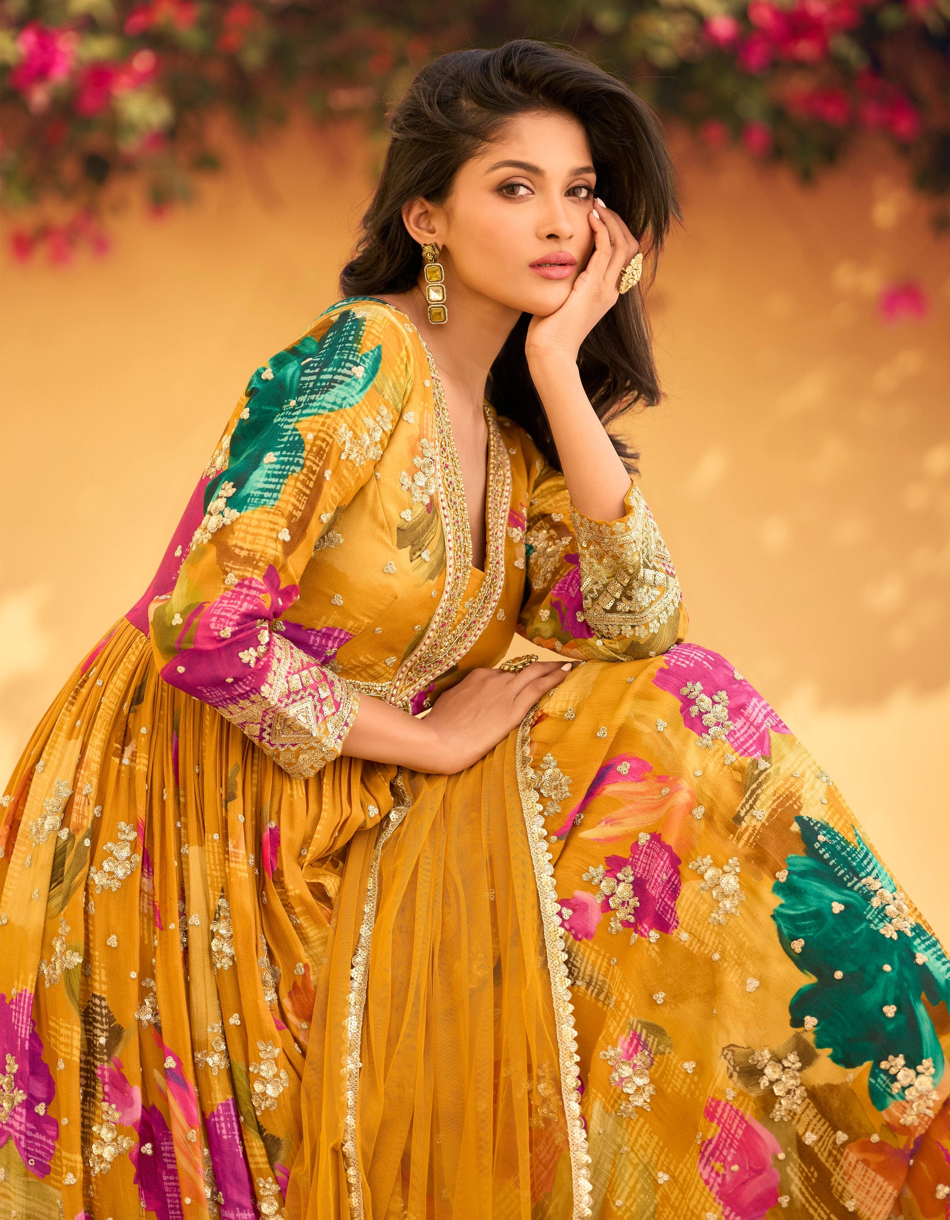 Yellow Anarkali Suit with Premium Chinon Silk Dupatta Dresses Long Gown