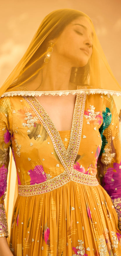Yellow Anarkali Suit with Premium Chinon Silk Dupatta Dresses Long Gown