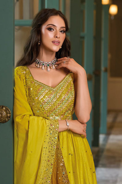 Haldi Ceremony Anarkali Gown With Dupatta Indian Wedding Dress USA