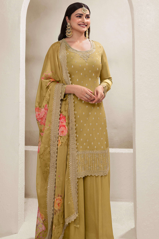 A Woman Wearing a Yellow Chinon Silk Salwar Kameez with Digital Printed Dupatta, Featuring Thread Embroidery Work.