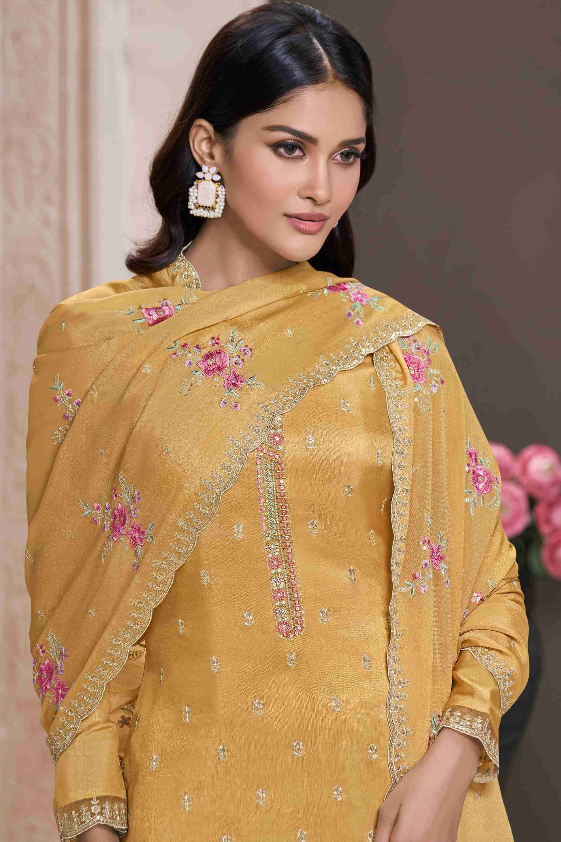 Front View Of Yellow Salwar Kameez In Silk Fabric