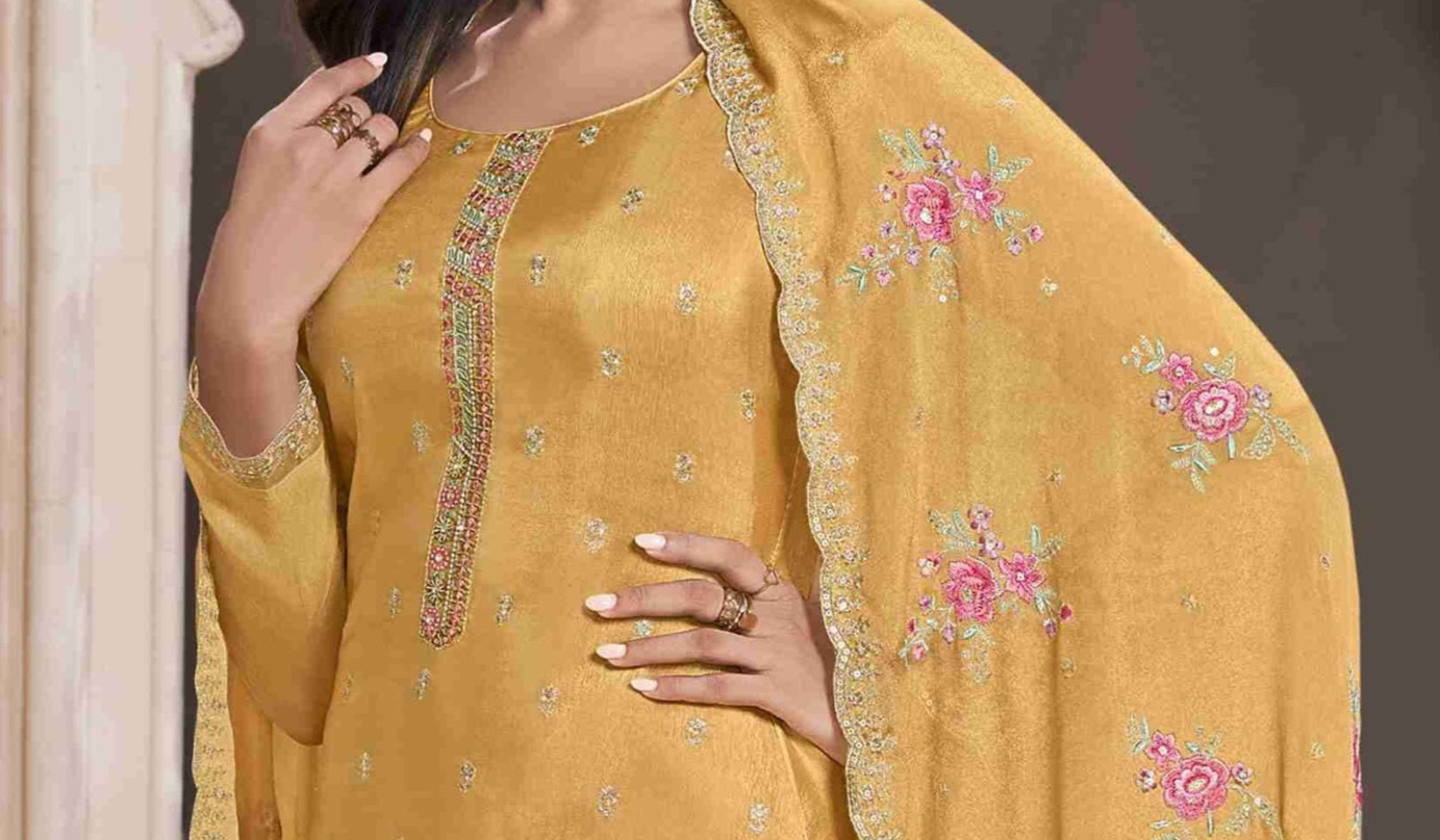 Close Up Of Embroidered Work On Yellow Salwar Kameez