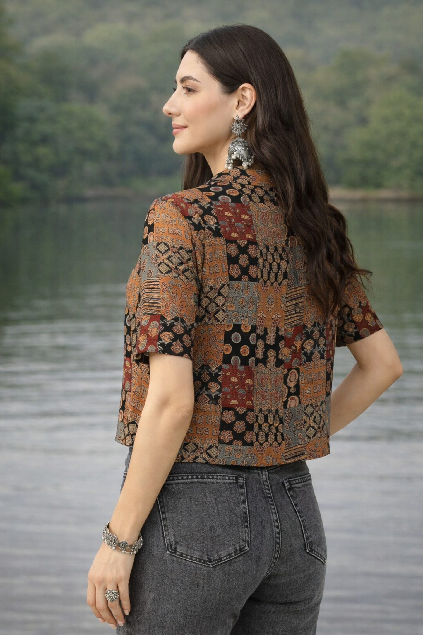 side angle of printed crop top for casual wear
