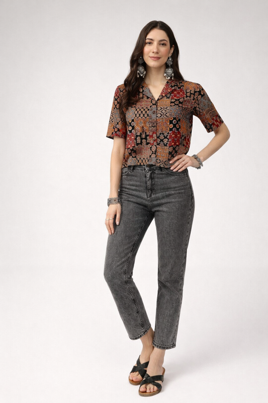 multicolor crop top front view with printed motifs