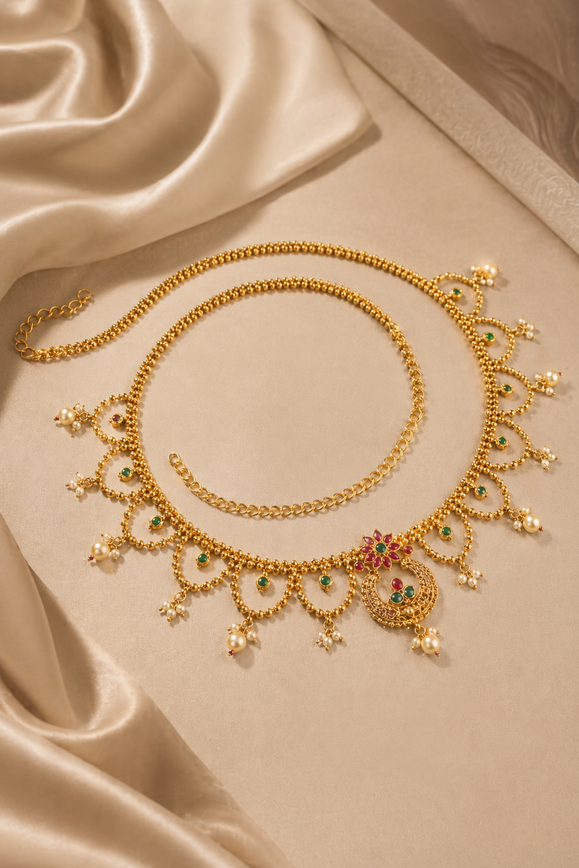 full waist chain laid on soft fabric background