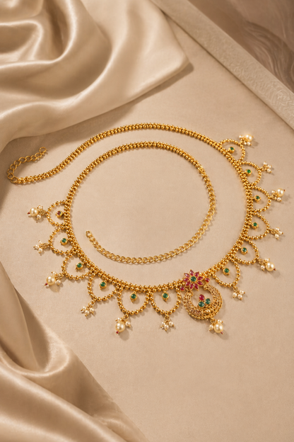 full waist chain laid on soft fabric background