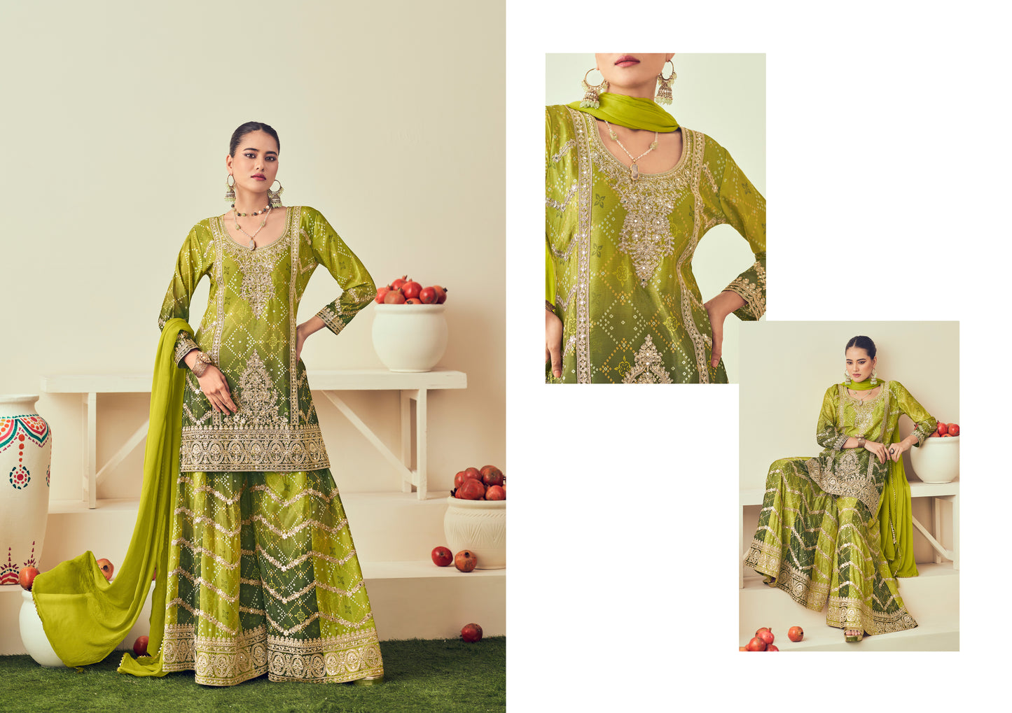 Indian Wedding-Reception Special Reay To Wear Green Color  Plazzo Dress Live In USA