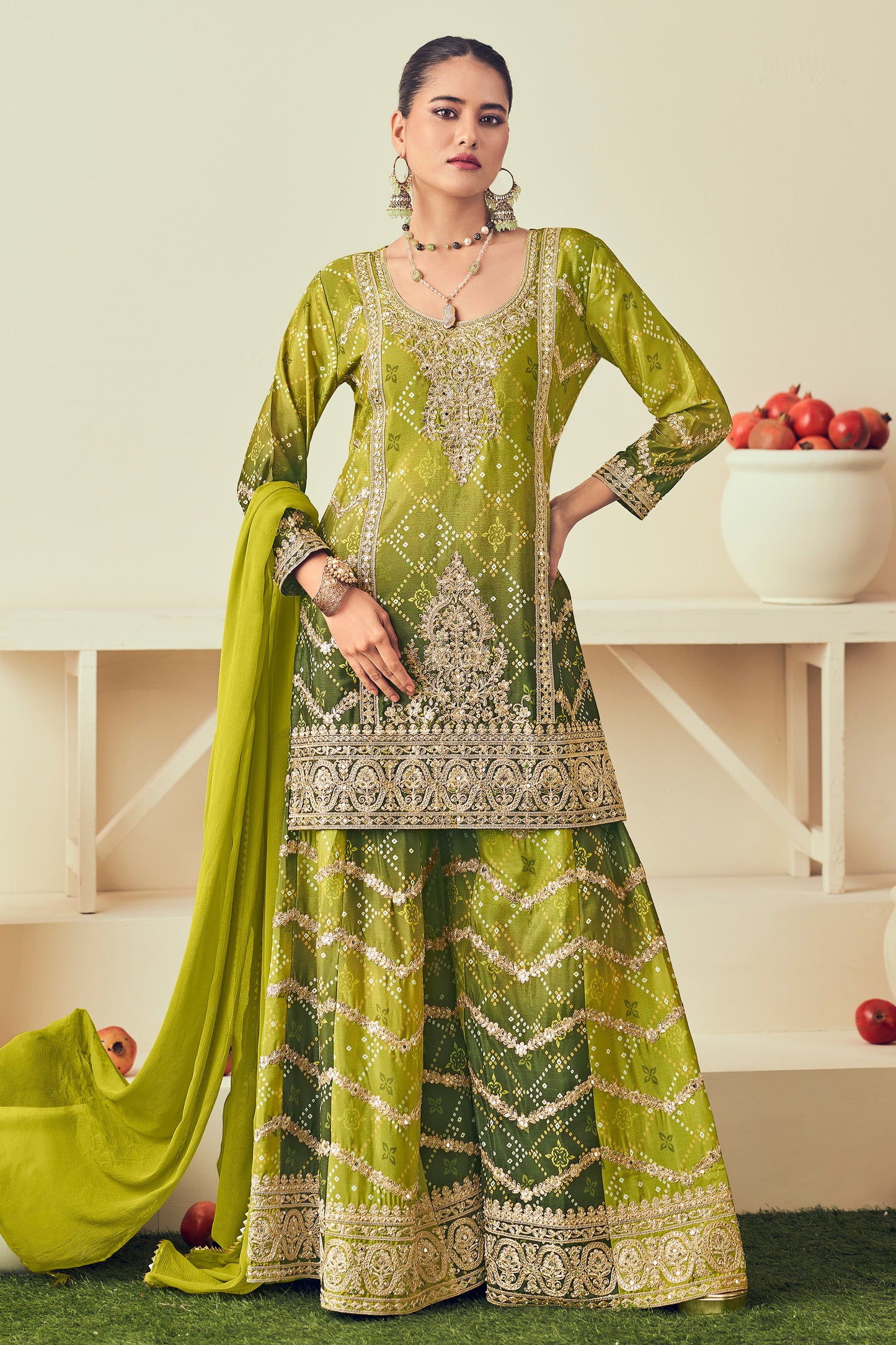 Indian Wedding-Reception Special Reay To Wear Green Color  Plazzo Dress Live In USA