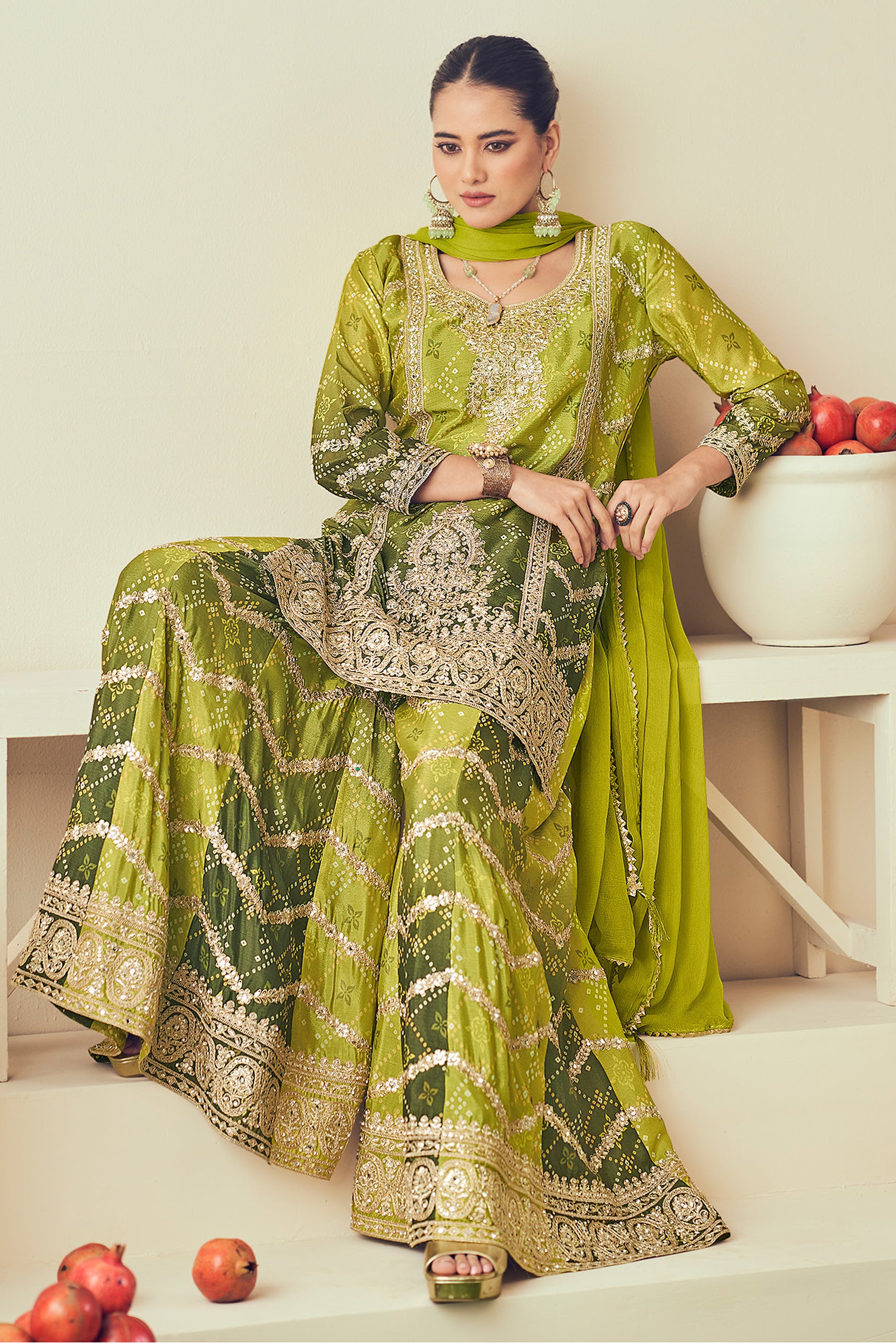 Indian Wedding-Reception Special Reay To Wear Green Color  Plazzo Dress Live In USA