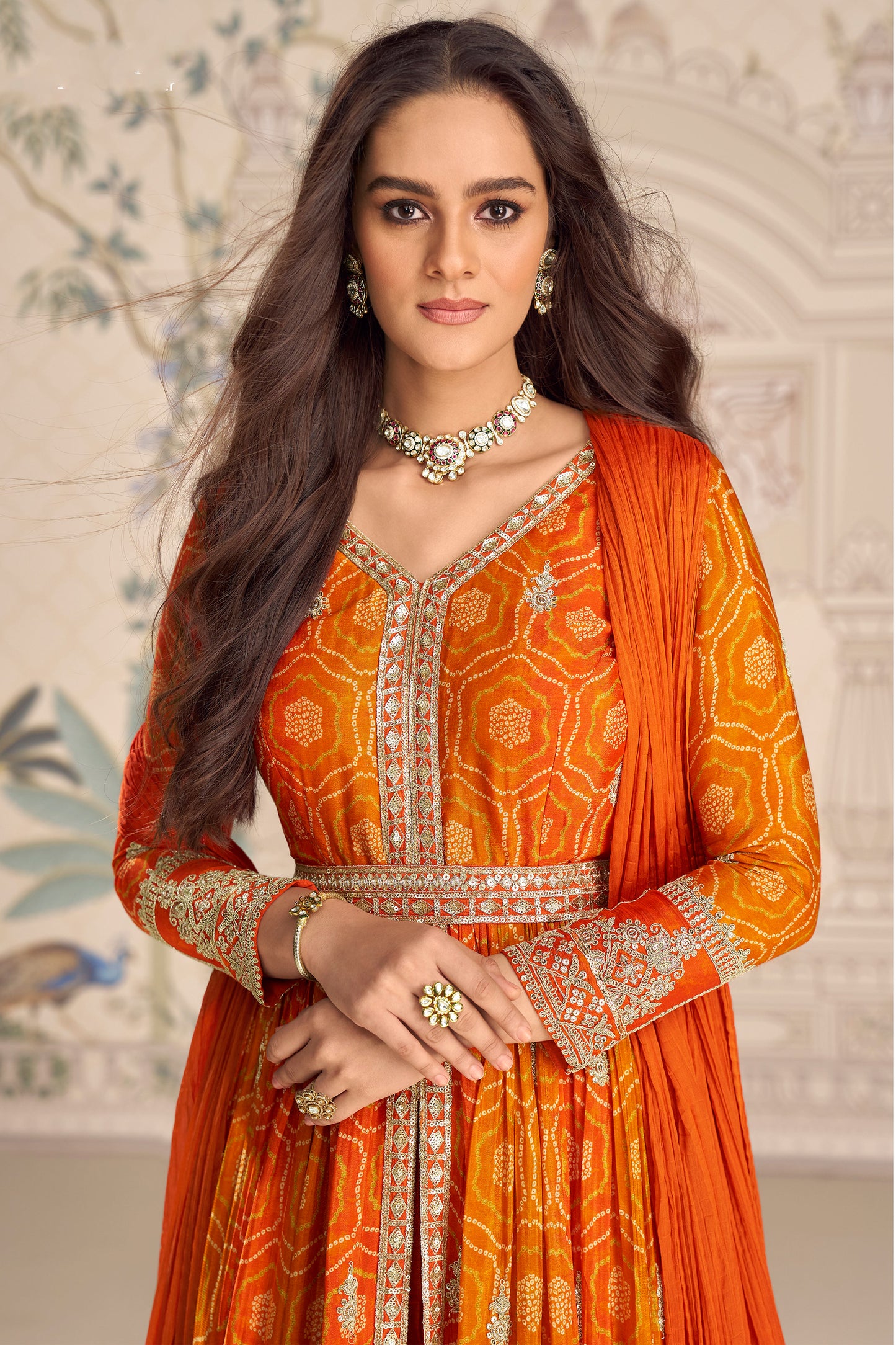 Embroidery detail on orange anarkali bodice
