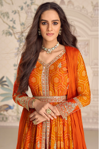 Embroidery detail on orange anarkali bodice