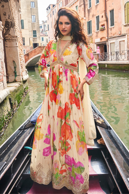 Anarkali gown with embroidered digital print and dupatta