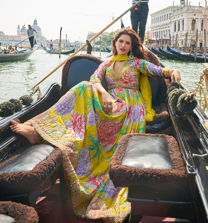 Elegant yellow anarkali dress for events