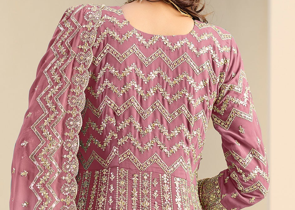 Faux Georgette fabric detail on light pink Anarkali dress