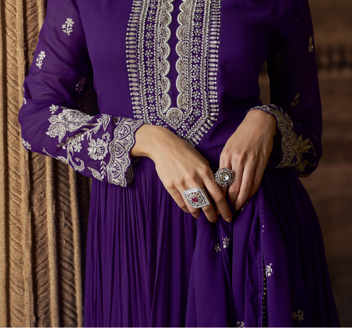 Embroidered anarkali gown detail close up in violet