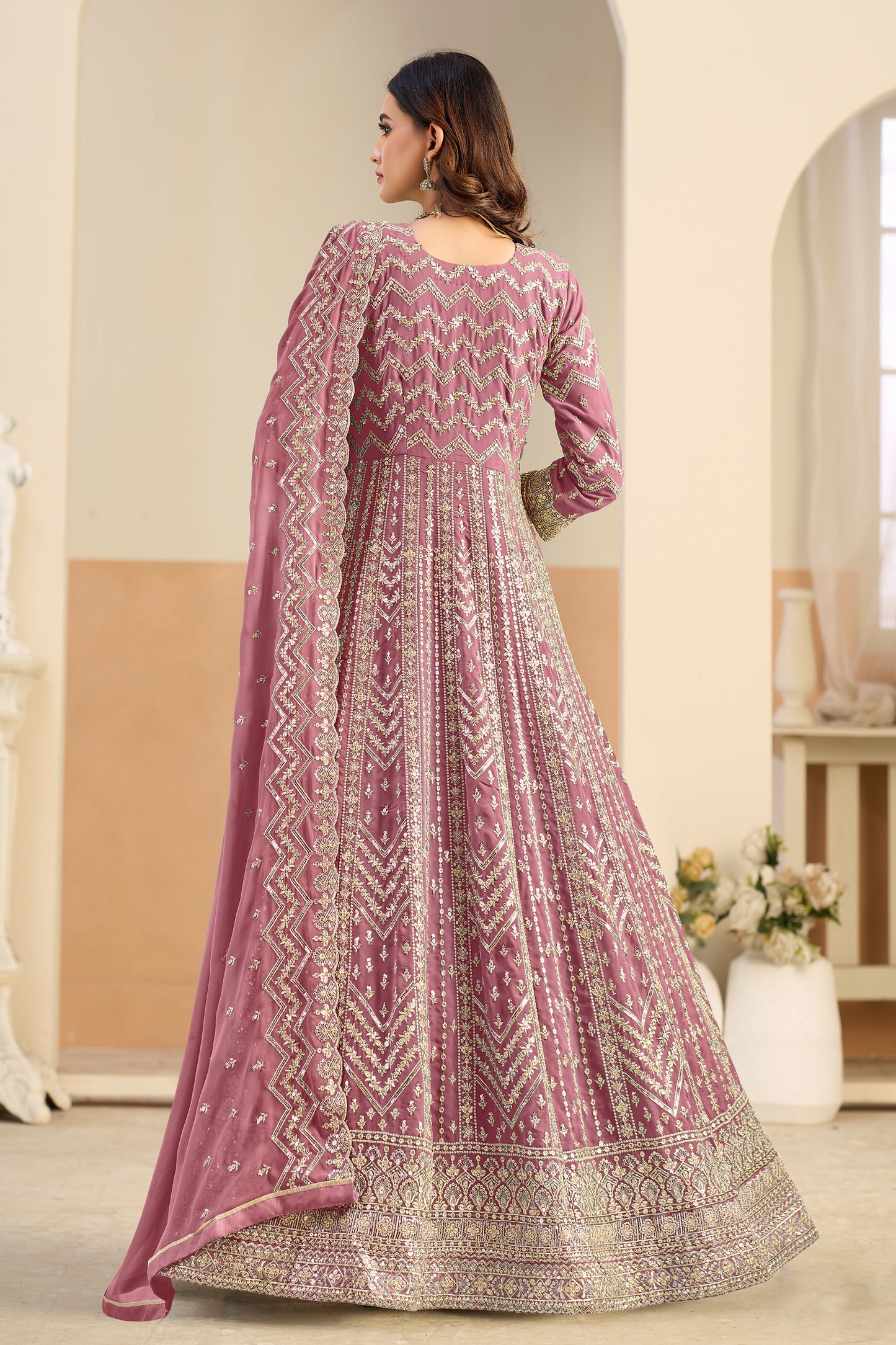 Anarkali gown back view with matching dupatta