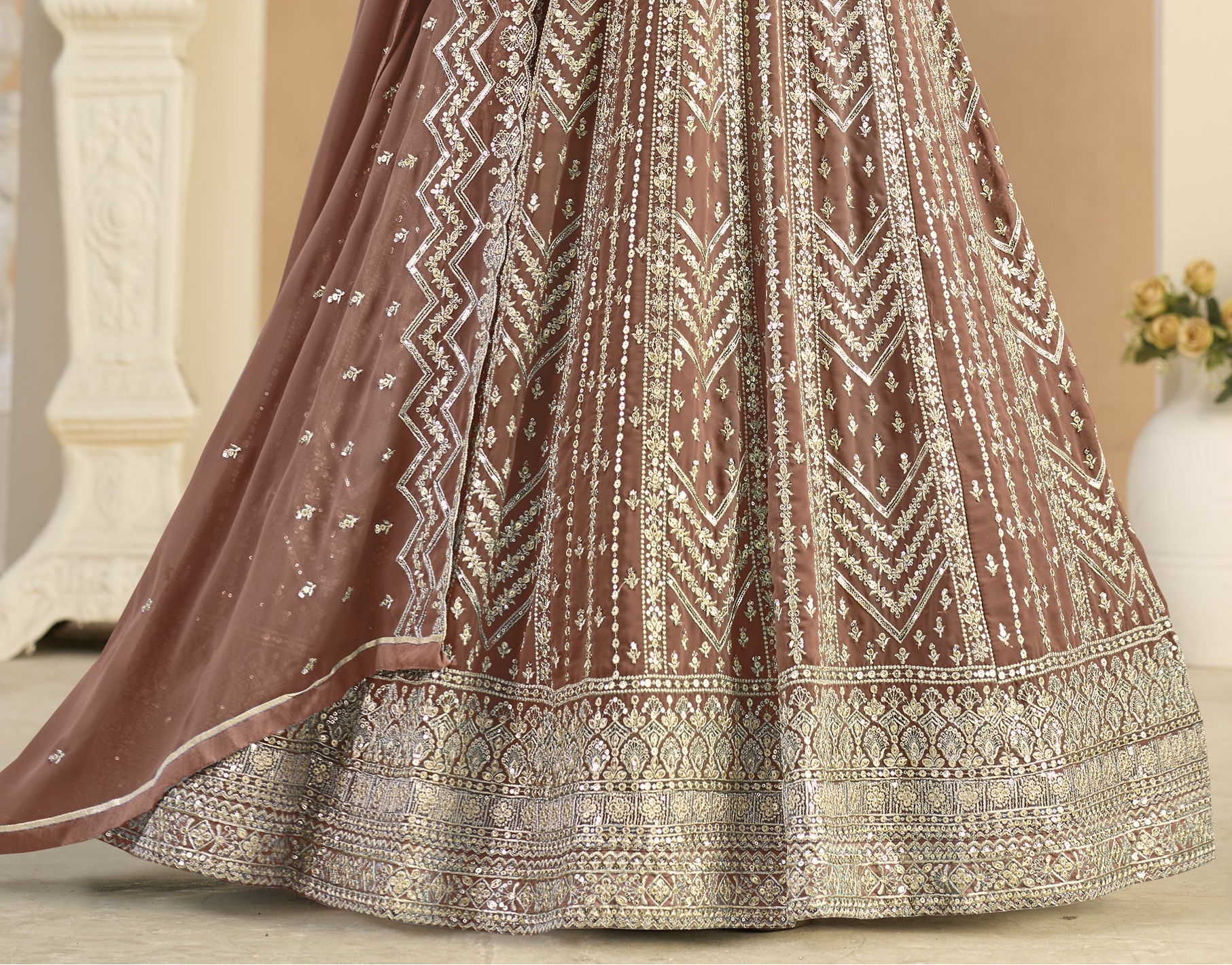 Light brown Anarkali dress with matching dupatta
