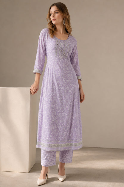 Purple festive outfit with embroidered ethnic motifs design