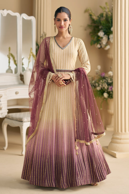 Wine anarkali dress front view with chikankari embroidery