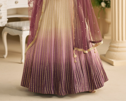 Hem detail of flared wine anarkali dress
