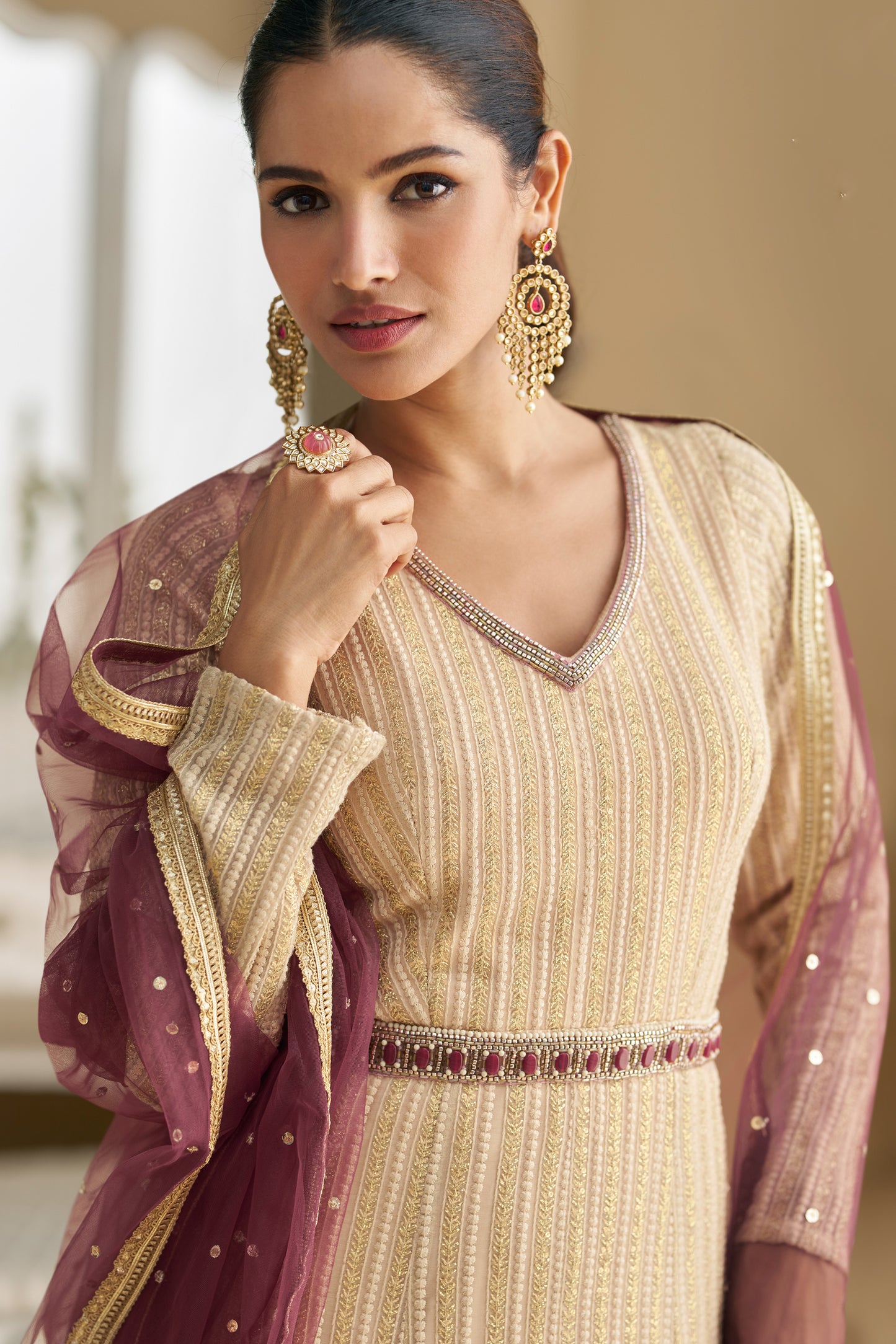 Side view of wine anarkali dress in georgette fabric