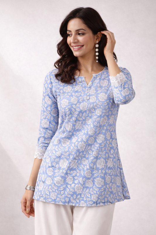sky blue short kurti front view with floral print