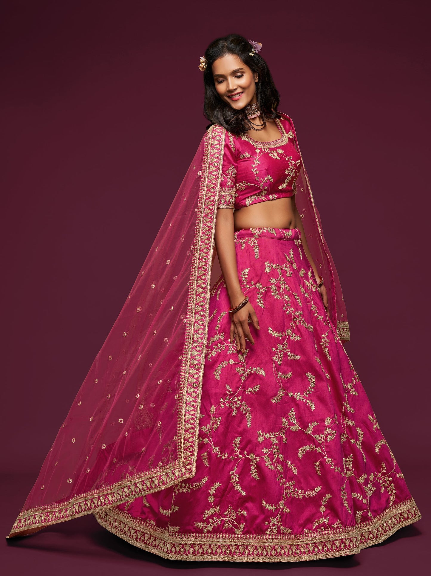 Art silk bridal ghagra with zari and thread work detail