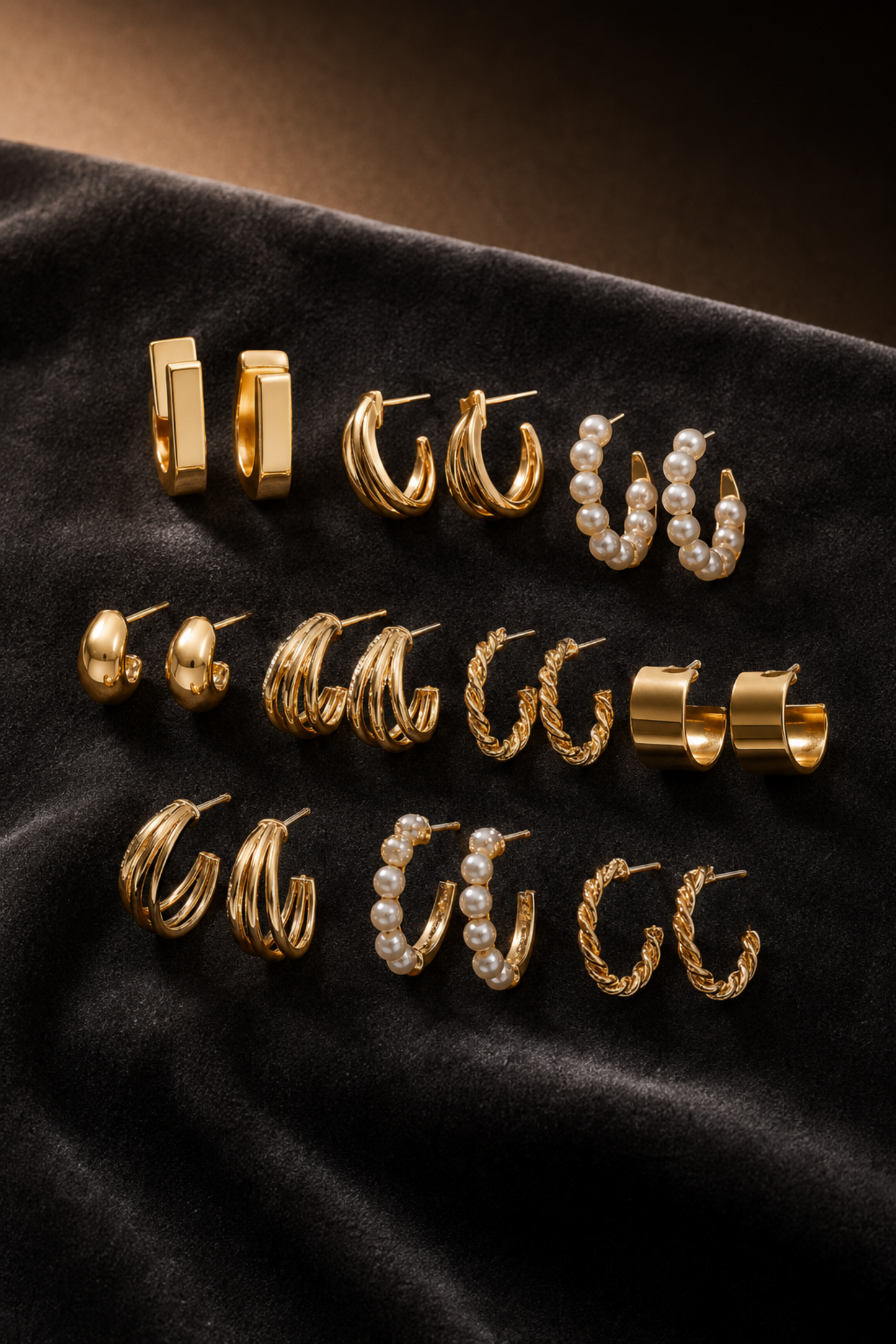 Assorted polished hoop pairs with smooth, twisted and layered profiles