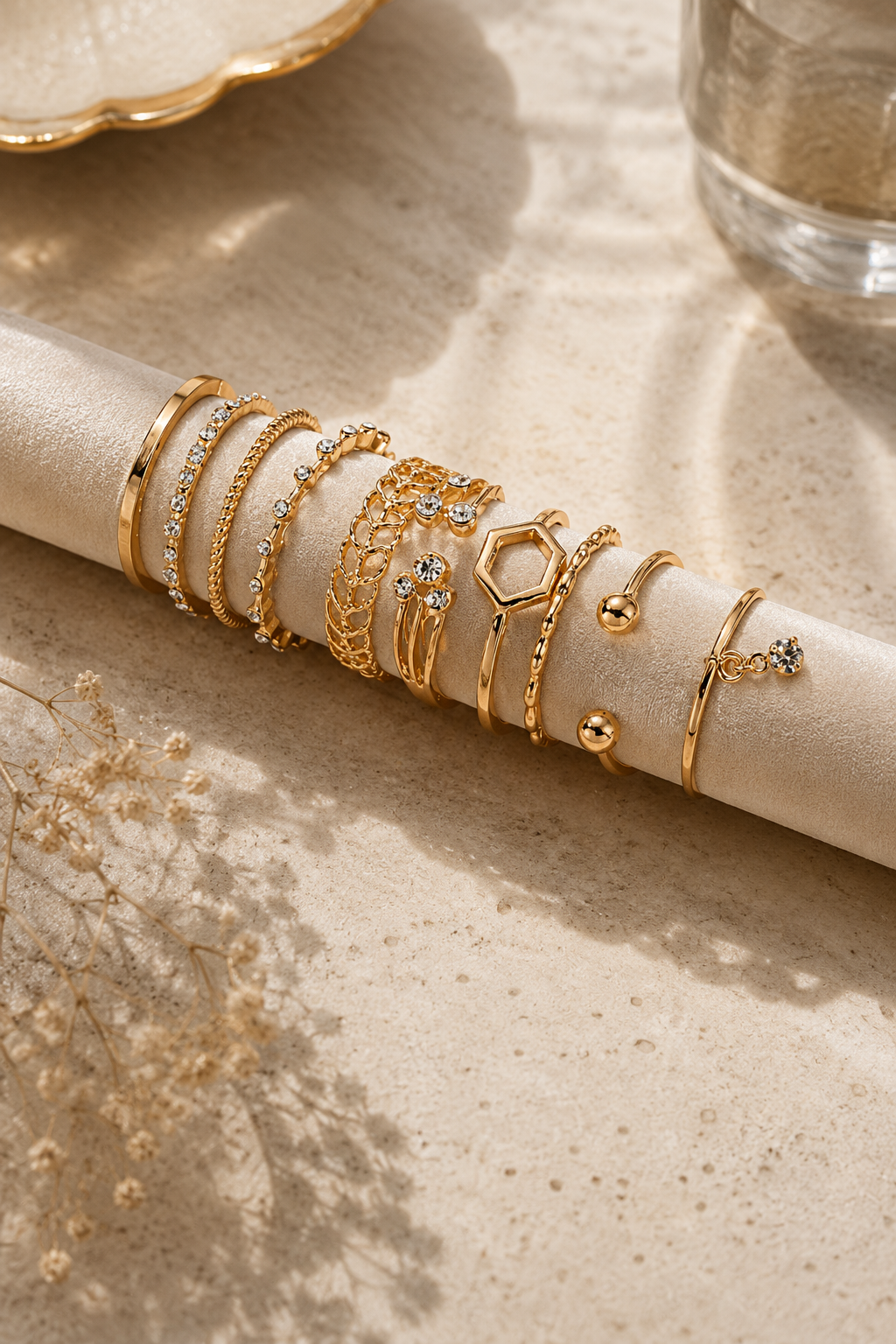 Women’s mixed ring selection displayed in soft sunlight