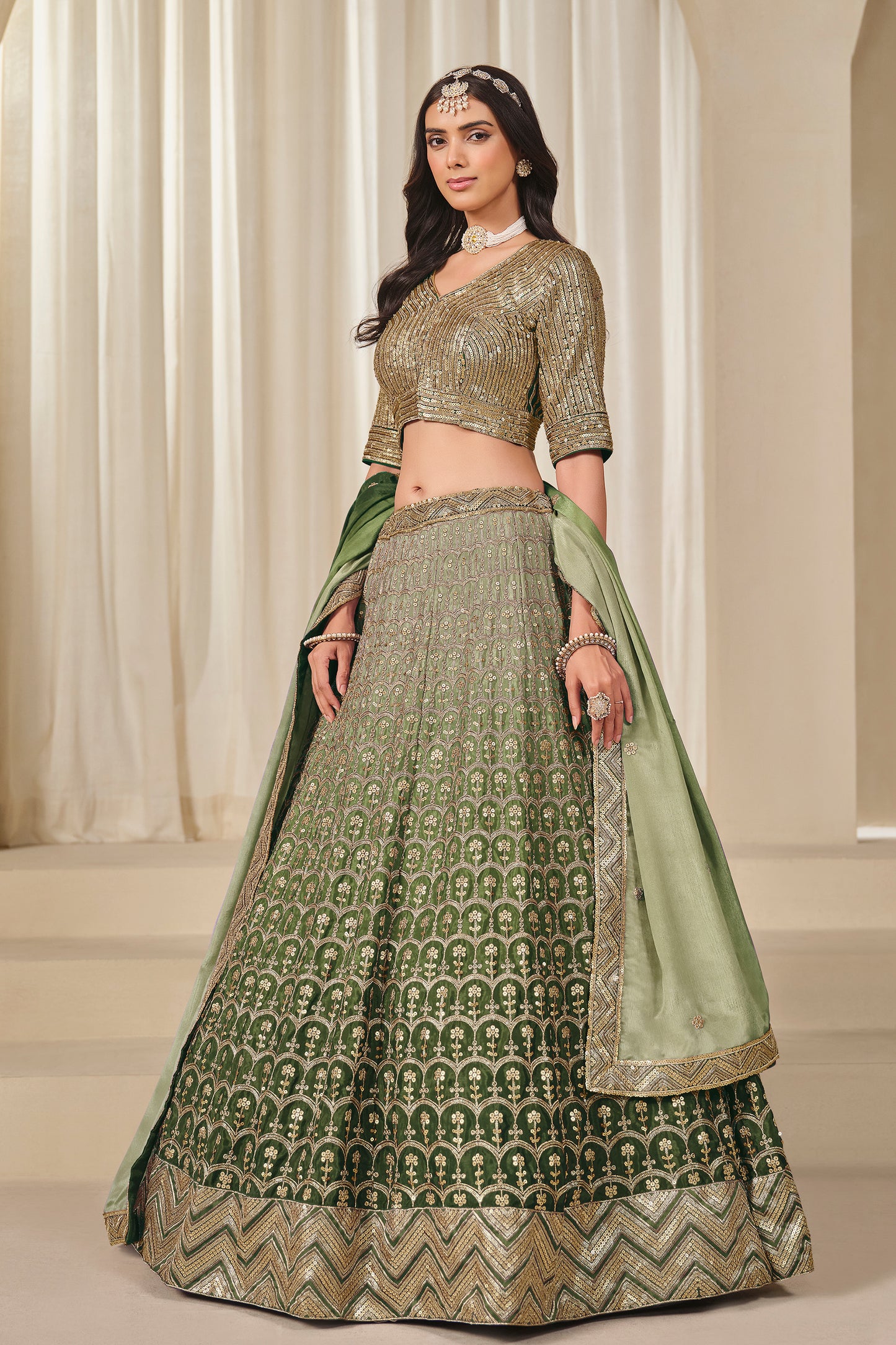 Avocado green lehenga choli blouse full outfit front view