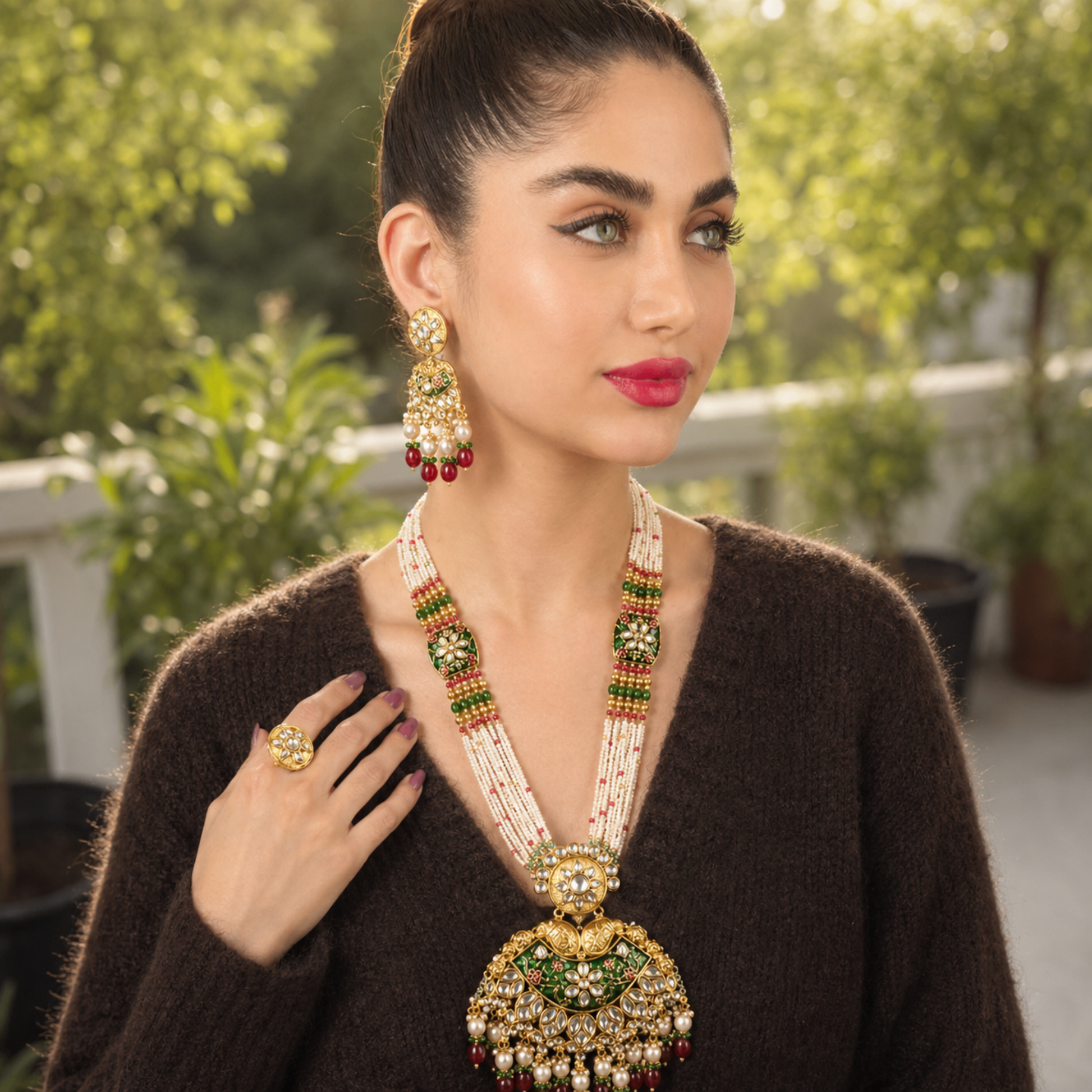 Multi strand beaded necklace set with floral pendant detailing