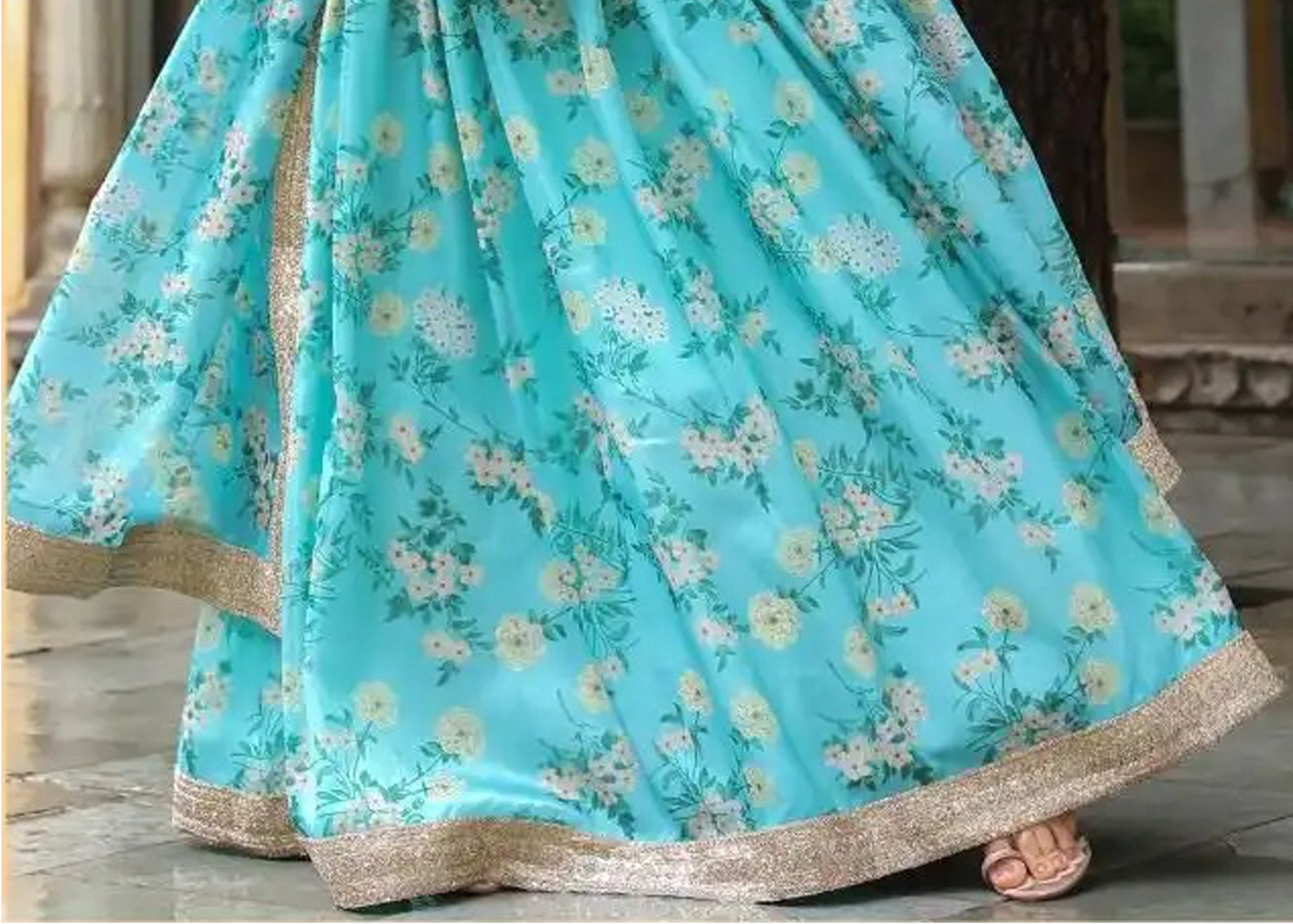 Front profile of Baby Blue embroidered lehenga silhouette