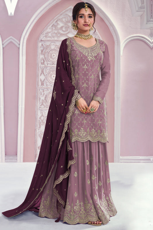 Front view of baby pink palazzo pants plus size outfit with embroidery