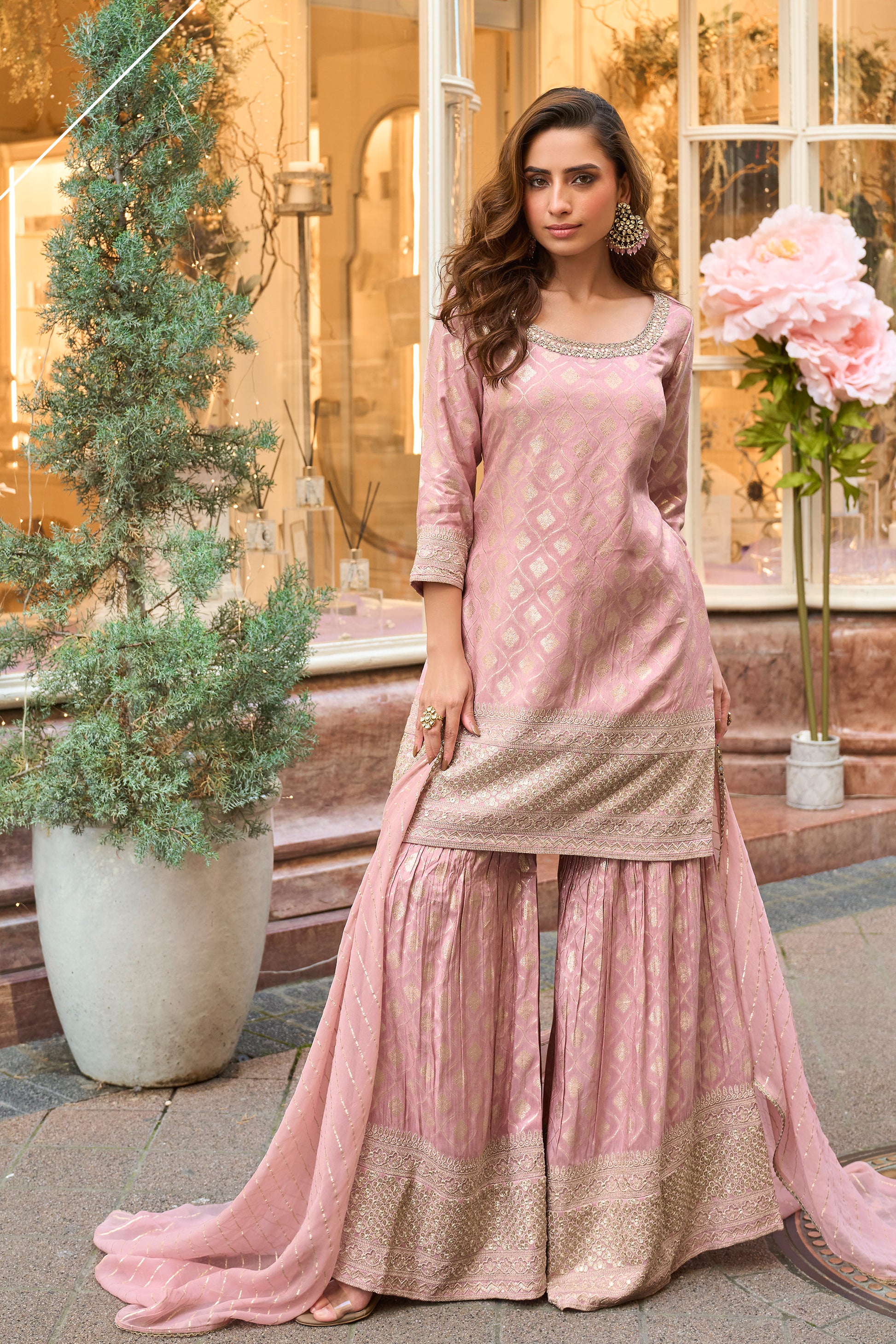 Baby pink Sharara with embroidered kameez front view