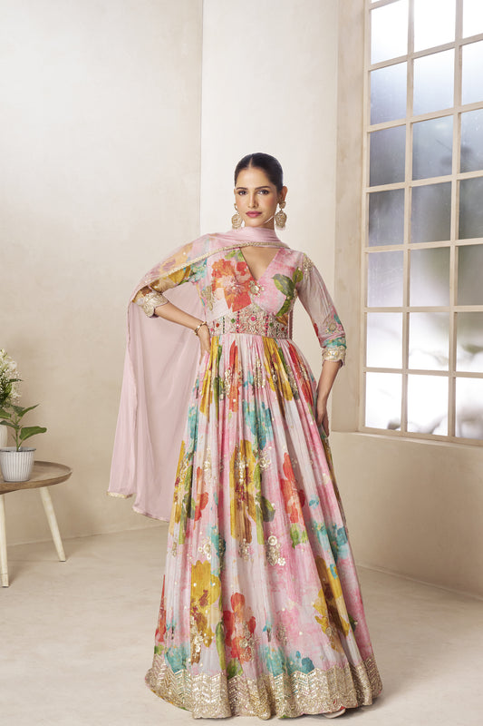 Full length baby pink embroidered anarkali suit look