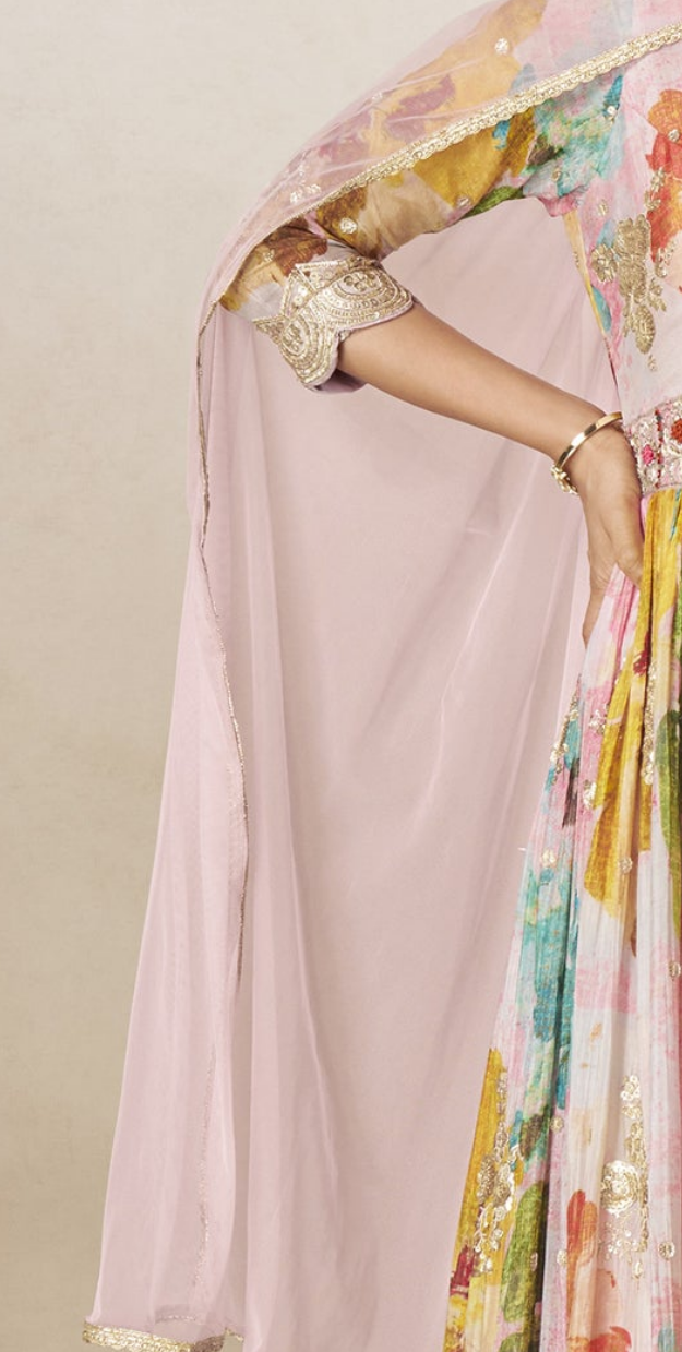 Net dupatta detail paired with embroidered anarkali dress