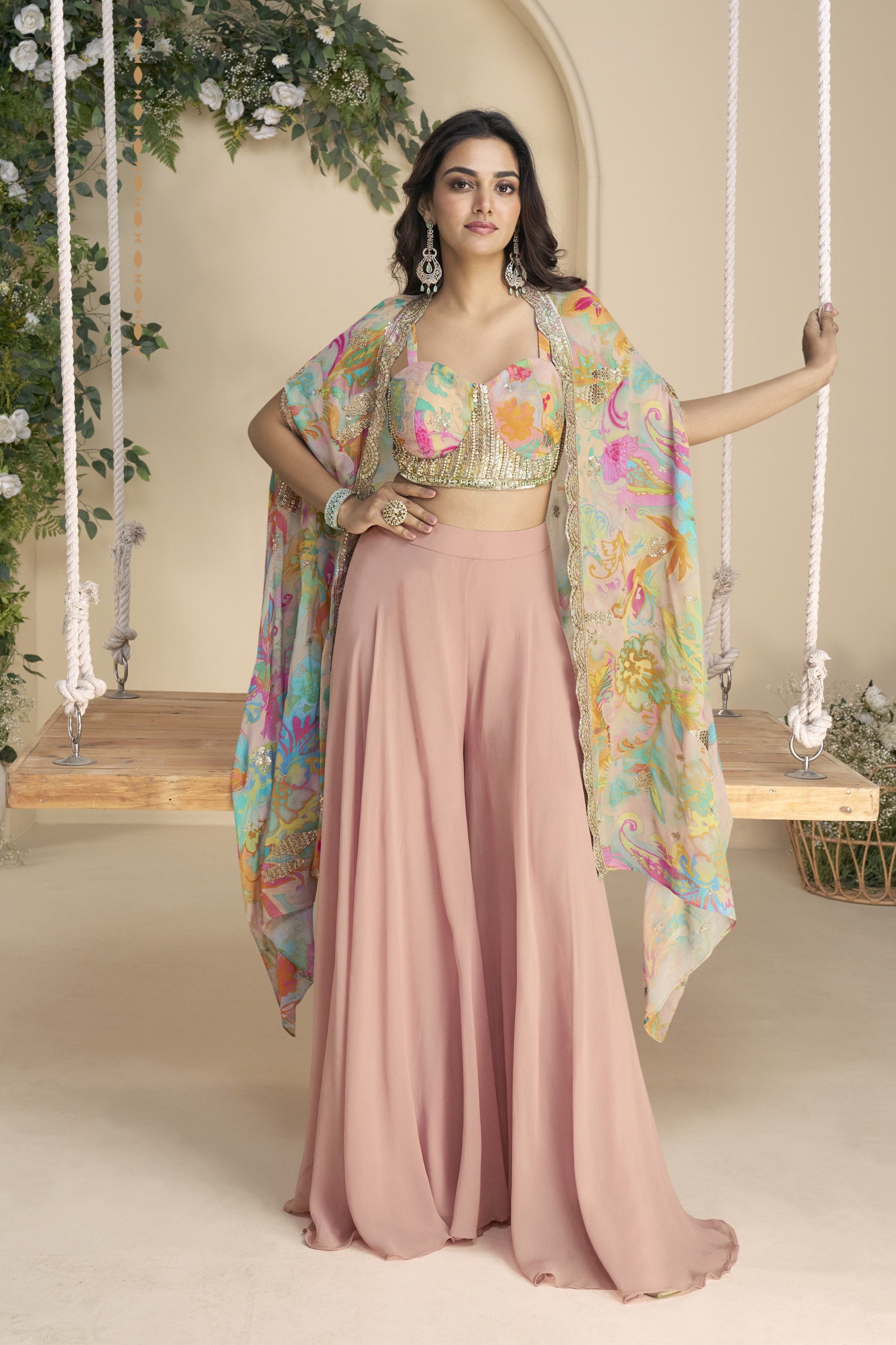 Baby pink ghagra chaniya choli front view with embroidered detail