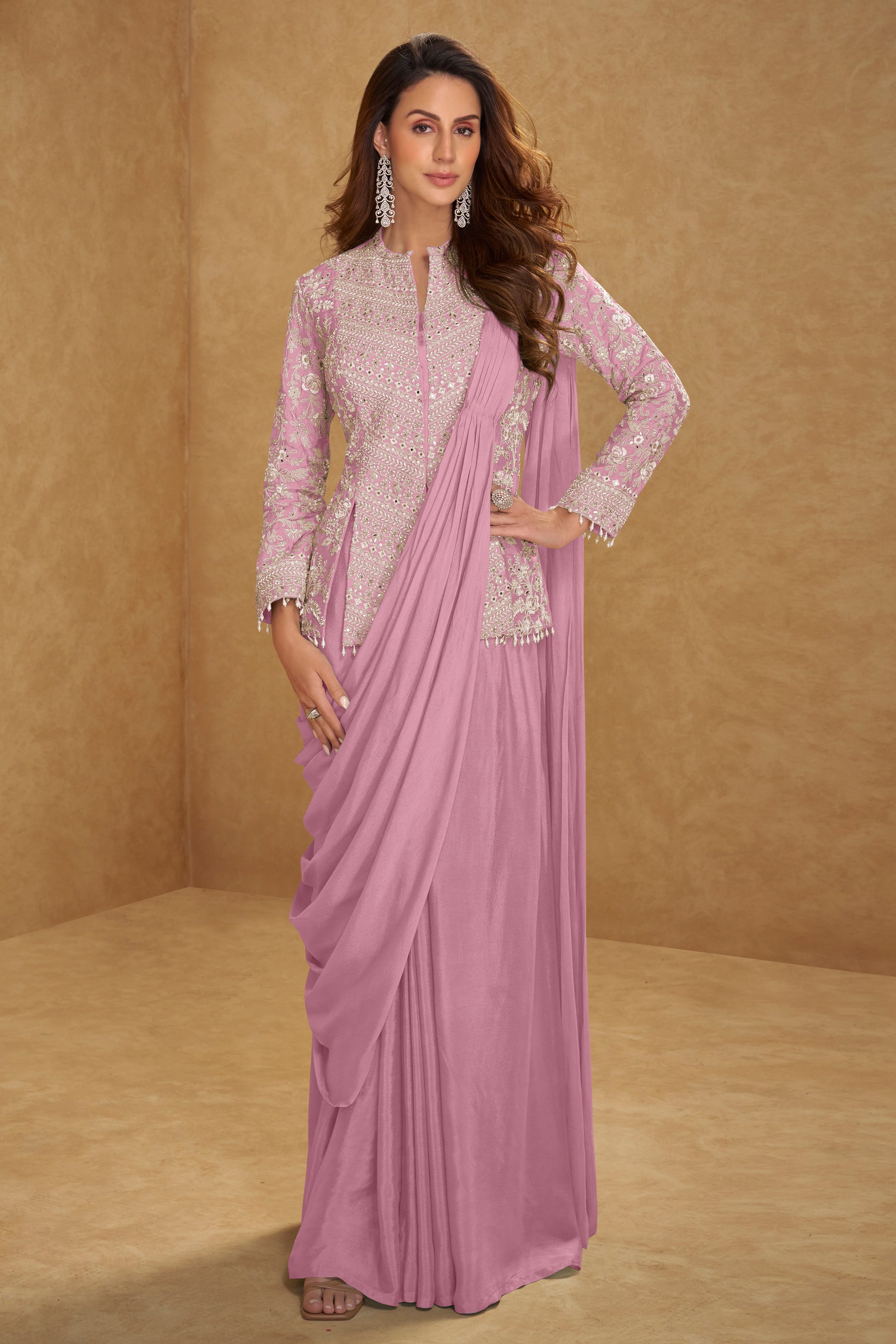 Front view of baby pink indian new saree blouse designs with embroidery