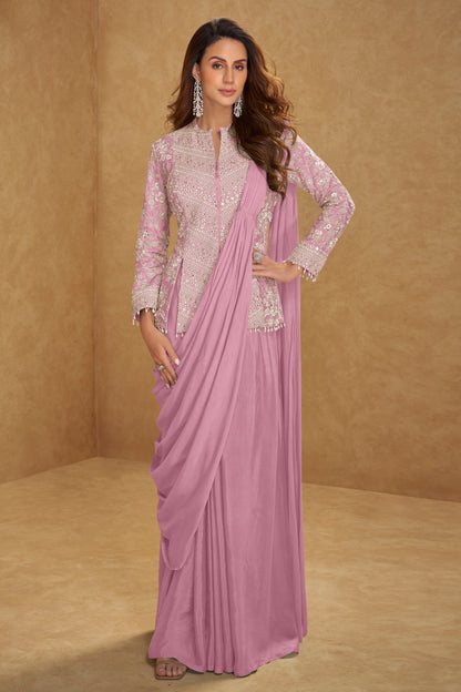 Front view of baby pink indian new saree blouse designs with embroidery