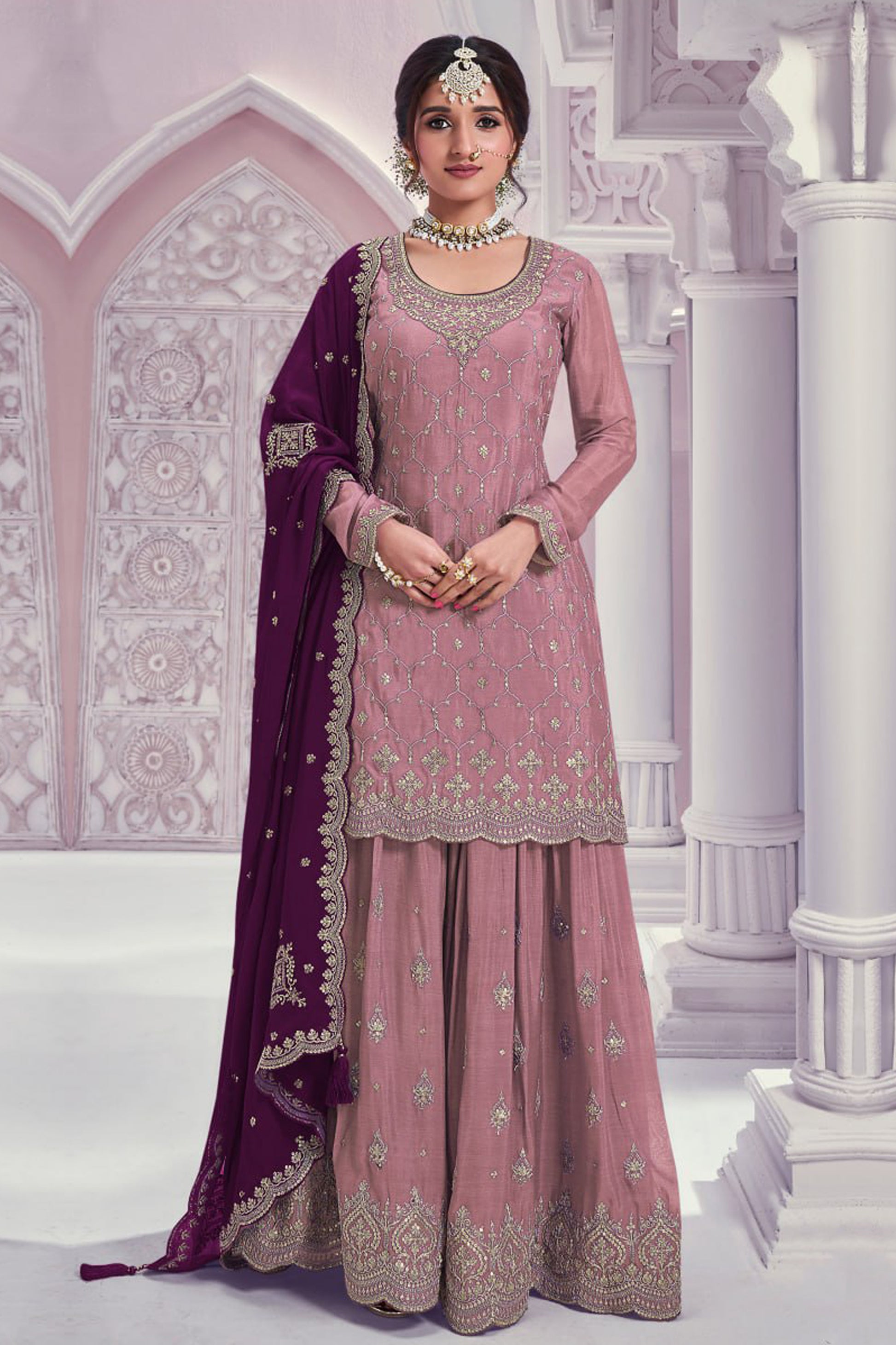 Baby pink womens palazzo pants set front view with embroidery work