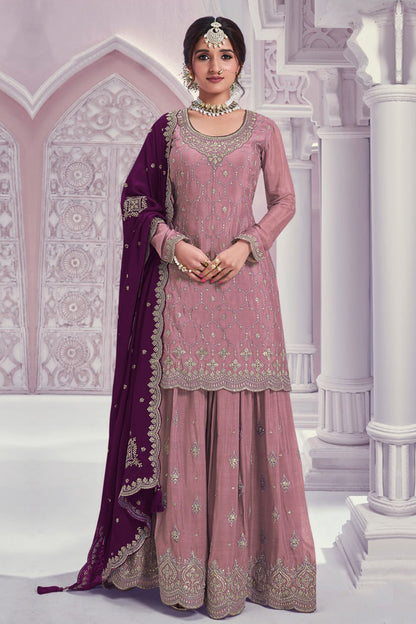 Baby pink womens palazzo pants set front view with embroidery work