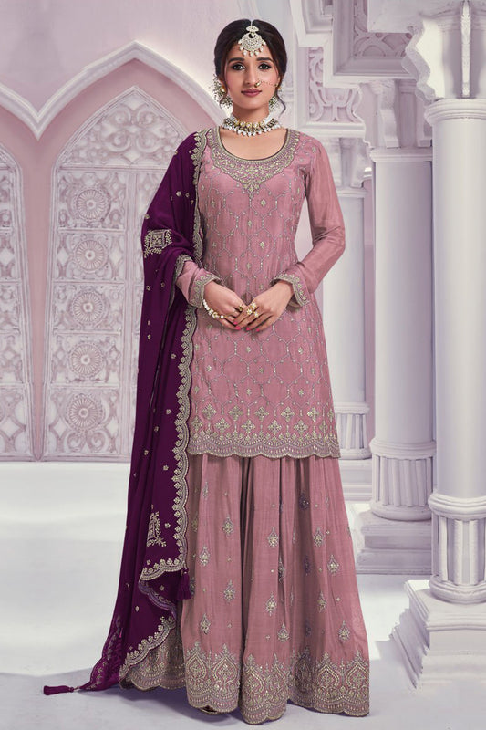 Baby pink womens palazzo pants set front view with embroidery work